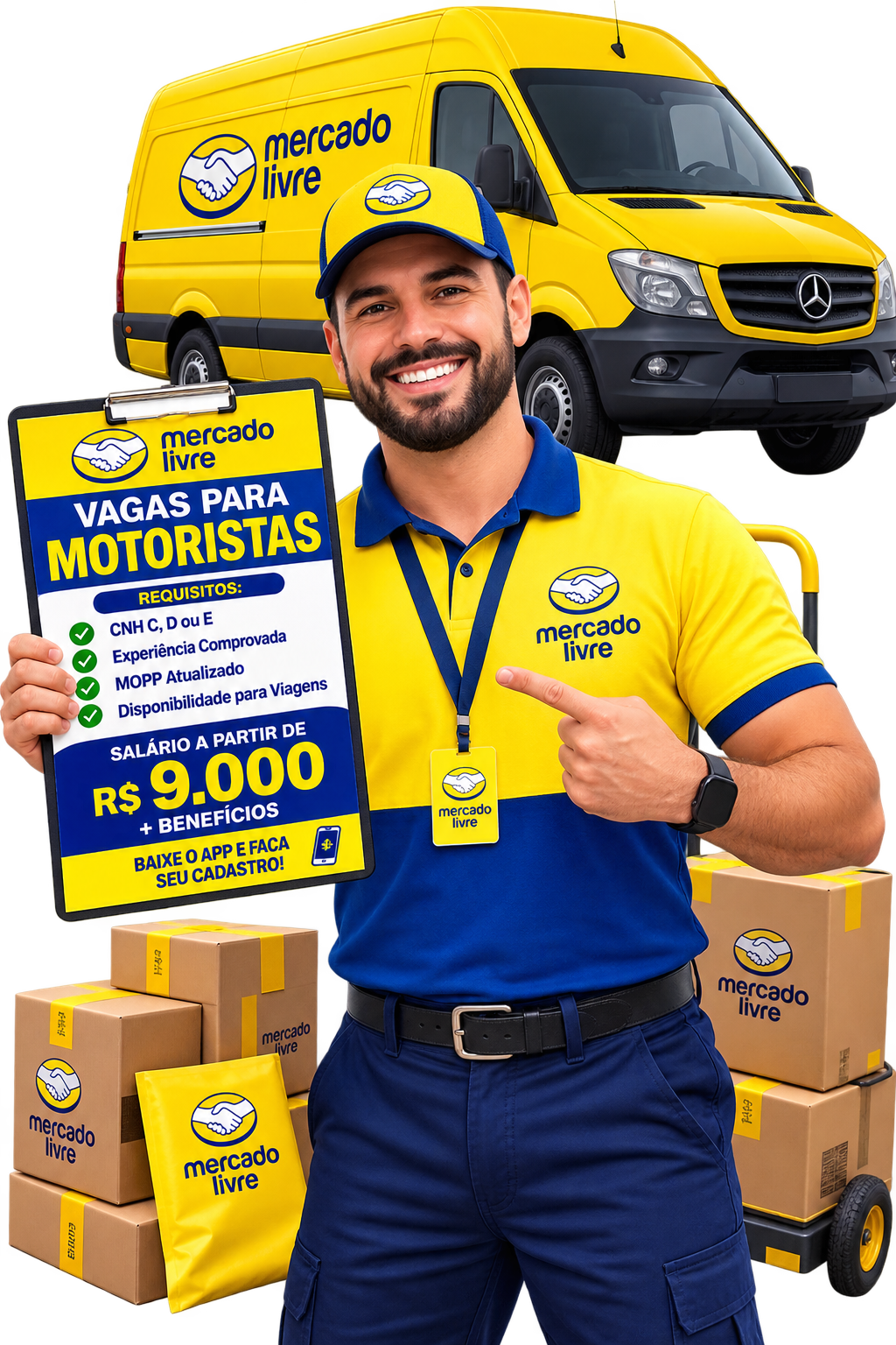 Motorista ao lado de uma van e pacotes